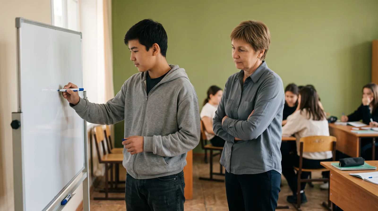 Ученик решает у доски, преподаватель рядом